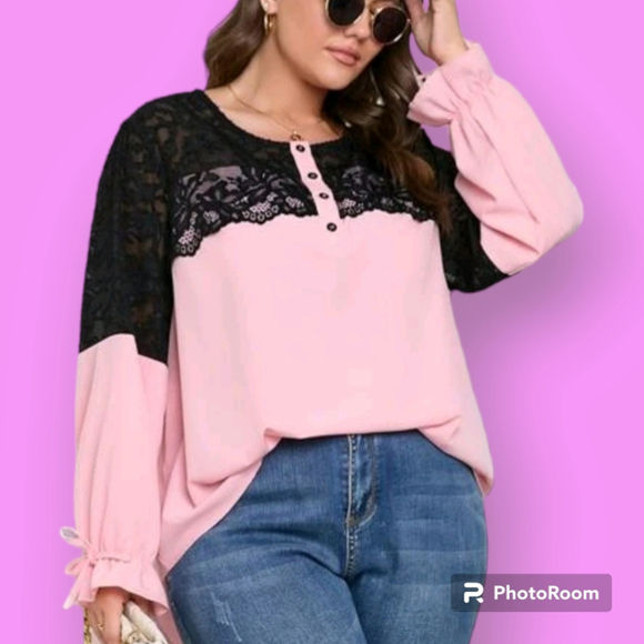 SHEIN Blush Pink & Black Contrast Eyelet Lace Flounce Sleeve Blouse Size 3XL - Picture 2 of 15